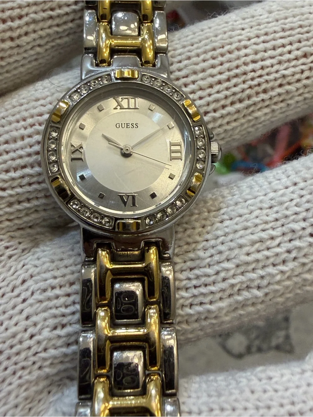 Guess Women's Two-Tone Crystal Bezel Watch Silver Dial Roman Numerals G75479L
